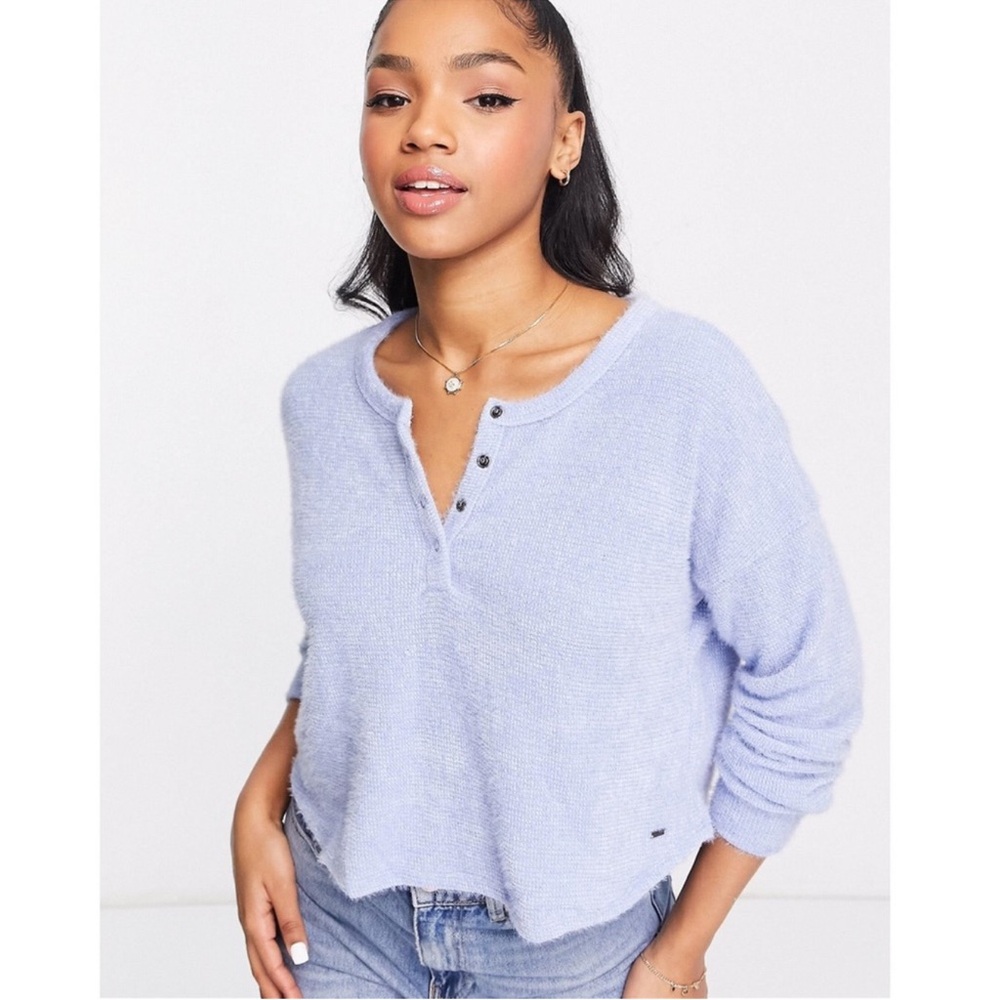 Fuzzy Blue Cropped Henley Sweater